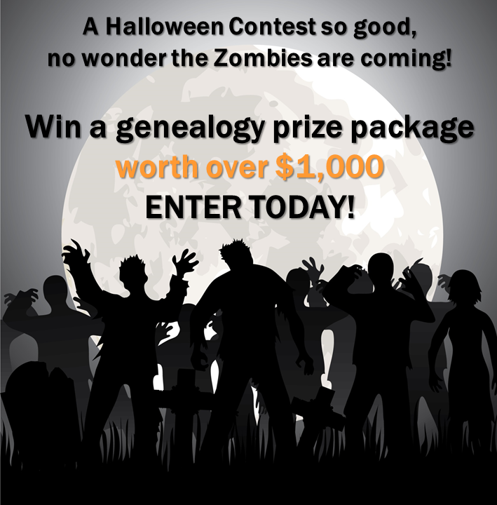 Enter the Halloween Contest at Genealogy Bargains this week and you could win an amazing genealogy and family history prize package valued at over $1,000!