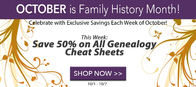 ERE to shop - via Family Tree Magazine These amazing cheat sheets cover every possible topic including RootsMagic, English Genealogy, Land Records and More! Over 90 different cheat sheets, normally $9.99 each, now just $5.00 but some are even priced at less! PLUS use promo code FAMTREE20 at checkout and you can save an additional 20%!!