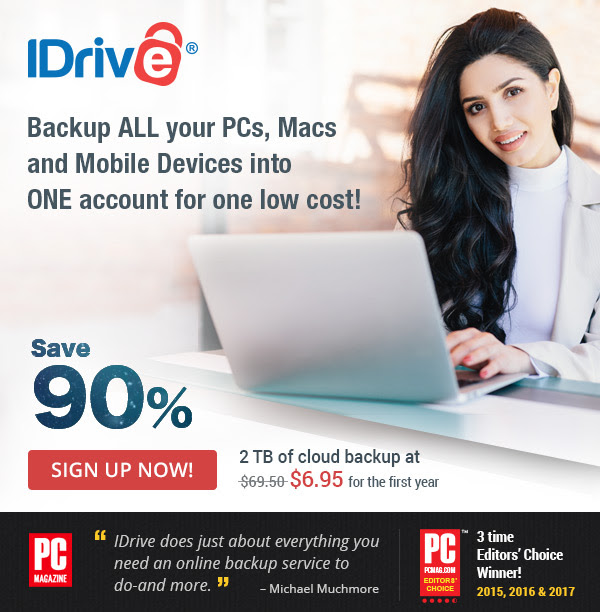  90% off iDrive automatic online backup: normally $69.50 per year, you get the first year of 2TB cloud storage for just $6.95! Once you've scanned all those family photos, you need to have a data backup right? This is a “set it and forget it” program like Carbonite but much better: you can backup your mobile devices and even Facebook images! 