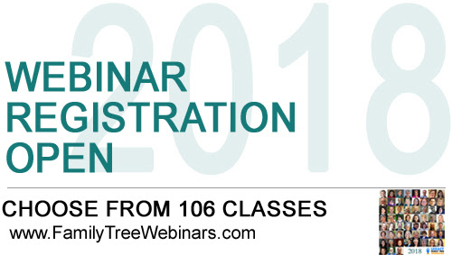 2018 Legacy Family Tree Webinar Series Announced! MyHeritage and Familytreewebinars.com announced the new 2018 line-up of 106 FREE WEBINARS covering a variety of genealogy and family history topics.
