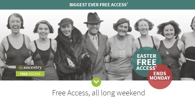 Get FREE ACCESS at Ancestry UK to millions of British and Commonwealth Records during Easter Weekend - now through Monday, April 2nd via Genealogy Bargains