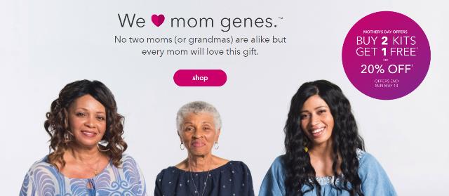 Buy 2 Kits Get 1 Free OR Take 20% Off* during Mother's Day Sale at 23andMe - "We love mom genes.™ No two moms (or grandmas) are alike but every mom will love this gift." If you purchase two kits and get one free (you can mix and match the Ancestry Service and the Ancestry Service + Health kits), you can save up to 30% of the FULL PRICE ($99 USD Ancestry Service and $199 USD Ancestry Service + Health)!
