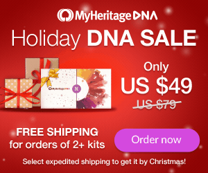 PRICE DROP! MyHeritage: MyHeritage DNA just $49 USD during MyHeritage DNA Early Holiday Sale. Plus FREE SHIPPING when you purchase 2 or more kits! Sale valid through Sunday, December 16th.