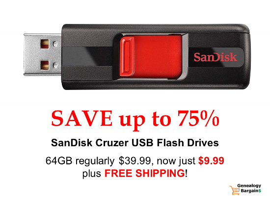 USB Flash Drives are useful to store your genealogy and family history data! Save 75% on the 64GB Sandisk Cruzer USB Flash Drive - just $9.99 at Amazon!