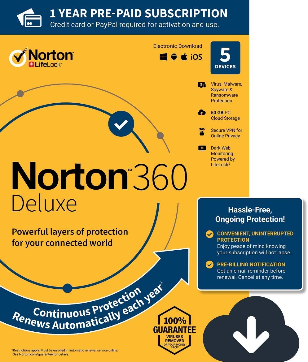 Save 72% on Norton 360 Deluxe – Antivirus software for 5 Devices! "Norton 360 Deluxe for Amazon gives you comprehensive malware protection for up to 5 PCs, Macs, Android or iOS devices, including 50GB of secure PC cloud backup and Secure VPN for your devices." Regularly $89.99, now just $24.99!