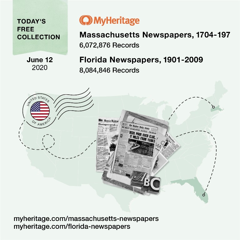 Enjoy FREE ACCESS to a Different Record Collection Every Day in June at MyHeritage! MyHeritage just made a HUGE ANNOUNCEMENT concerning its amazing record collections! Starting Monday, June 1st through the end of the month, one special record collection will be available for FREE each day! VIEW DETAILS