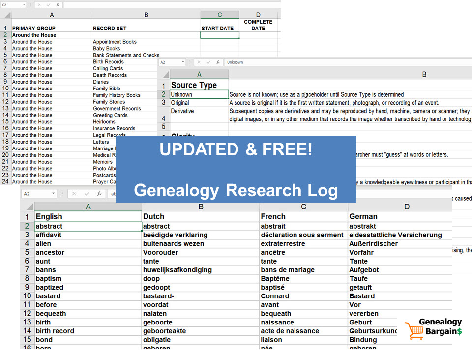 BIG NEWS! I've added a Translated Genealogy Terms worksheet to the Genealogy Research Log! Using Google Translate, I extracted the most common genealogy search terms for Dutch, French, German, Italian, Latin, Polish, Russian, Slovak, and Spanish!