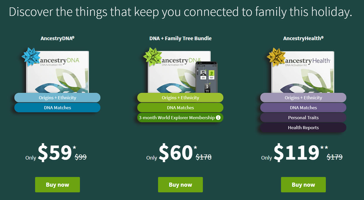 This EARLY BLACK FRIDAY deal was just announced and you can get the world's most popular DNA test kit - AncestryDNA - regularly $99, now just $59 USD!* The Holidays are around the corner - and this year the perfect gift is AncestryDNA! Your DNA reveals more than ever before—from your origins to your family’s health. PLUS check out the sale on AncestryHealth® and the DNA plus Family Tree Bundle!