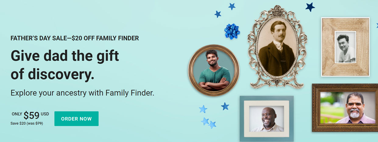 The Family Finder DNA test kit, similar to the autosomal DNA test kit at 23andMe and AncestryDNA, regularly $79 USD, now just $59 USD! Sale valid through Sunday, June 20th, 2021. VIEW DETAILS
