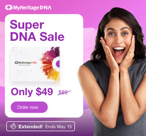 HUGE SALE TODAY ONLY! MyHeritage Super DNA Sale ... MyHeritage DNA test kit regularly $89 USD, now just $49 USD. FREE SHIPPING when you purchase 2 or more kits - that a $12.95 USD value. 