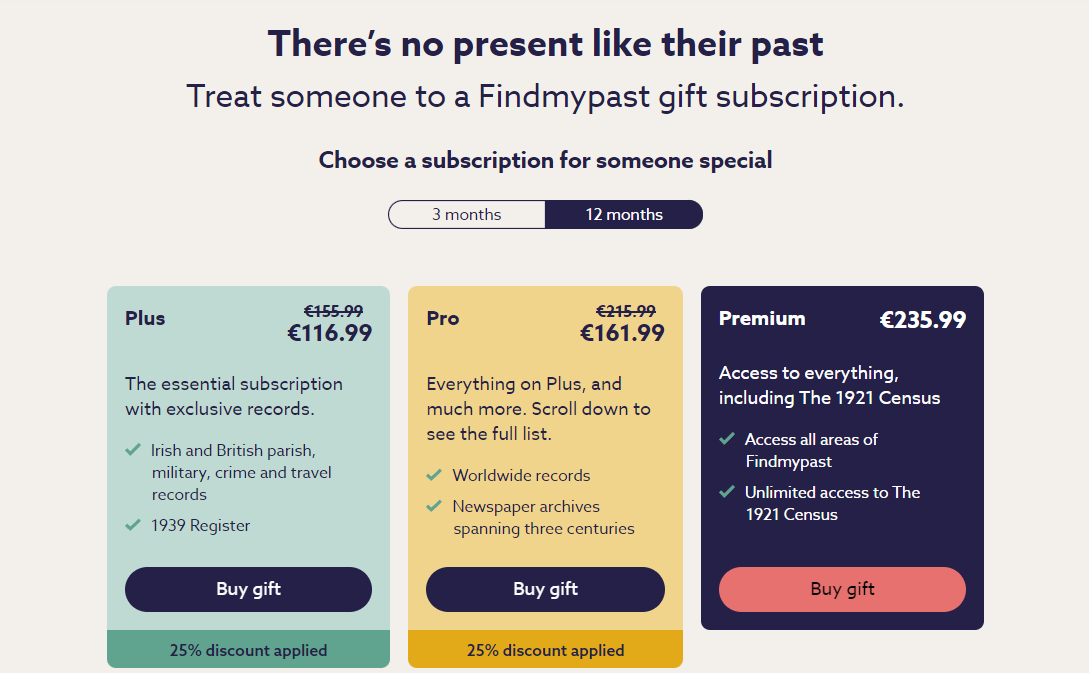 Findmypast gift subscription sale holiday 2022 IE 12month