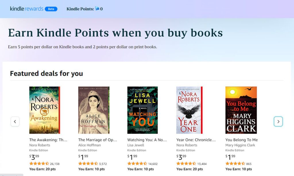 Earn Kindle Points. Get 5 points per dollar spent on Kindle books and 2 points per dollar spent on print books.