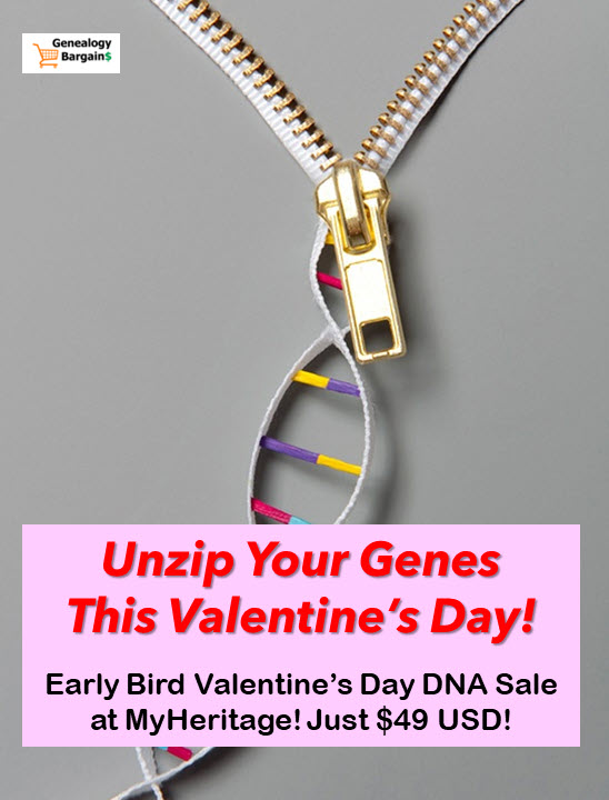 UNZIP YOUR GENES this Valentine’s Day with MyHeritage DNA! You’ll LOVE what you find! MyHeritage DNA just $49 USD plus FREE SHIPPING! https://genealogybargains.com/myhdna-evergreen #ad #genealogy #DNA #ValentinesDay