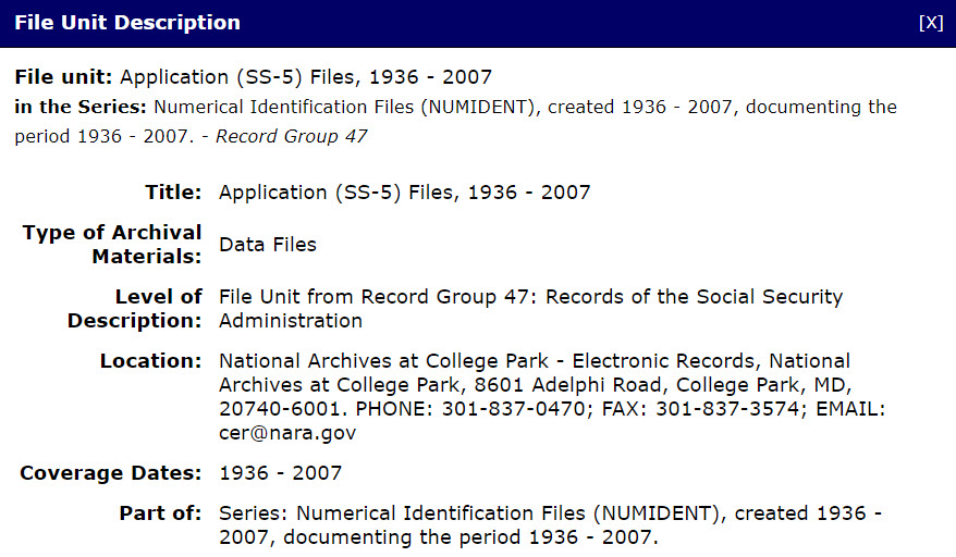 Thomas’ Tips & Ask: A better source for NUMIDENT records? Social Security Application Files (SS-5), 1936 – 2007 database at NARA