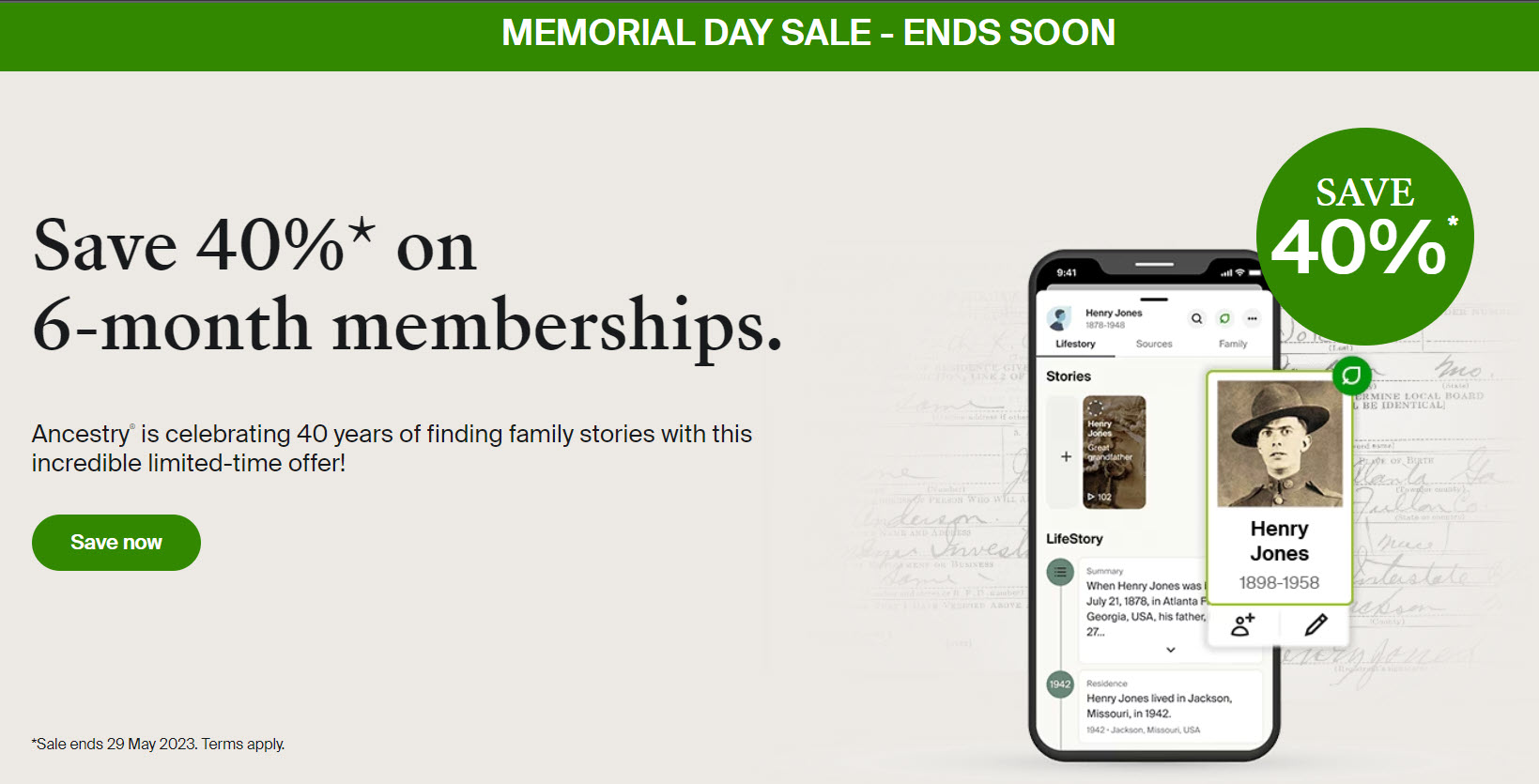 YAZZZZ! As I predicted yesterday, Ancestry is offering 40% off 6-month memberships as part of the Ancestry Memorial Day Sale