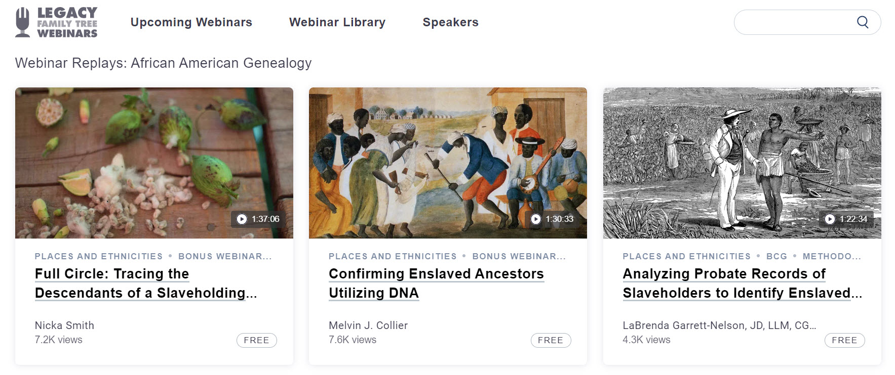 Legacy Family Tree Webinars, in conjunction with the Reuters series Slavery’s Descendants, is making available at no charge a variety of online genealogy webinars from its extensive library to help novices and experts alike. Taught by genealogists from around the world, the webinars below require no registration and are accessible without membership. The webinars range from introductions to genealogy for novices to courses that explore African American genealogy.
