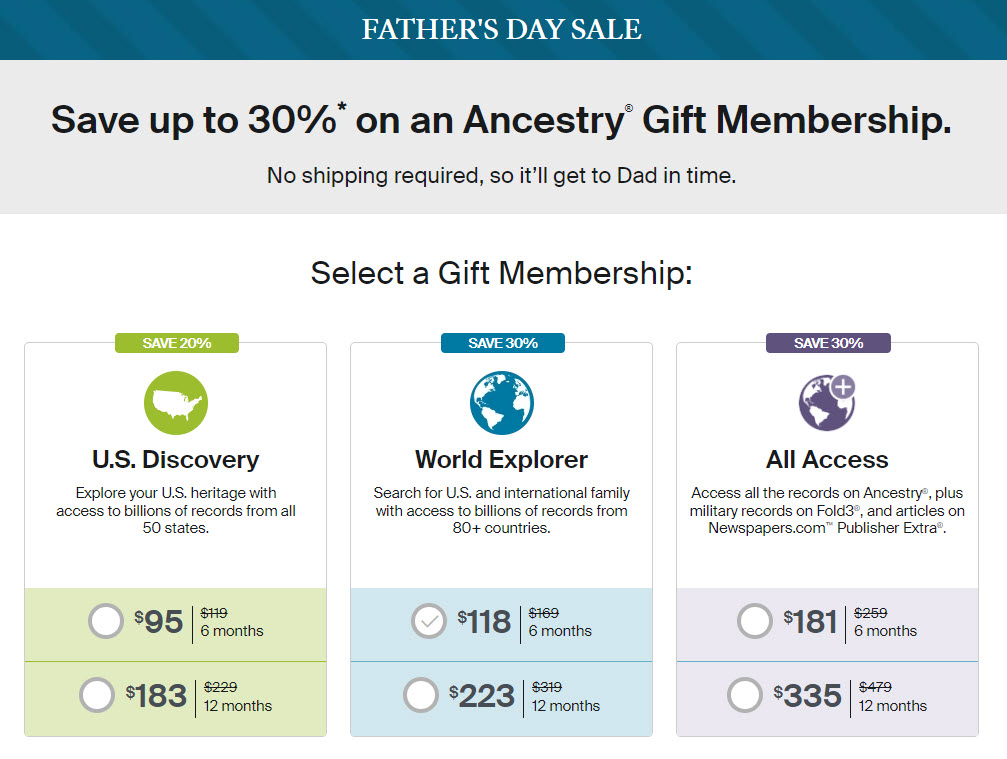 Save 30%* on an Ancestry® Gift Memberships. New tools make it easy to team up with Dad and explore your family story together. Order today—no shipping required, so it’ll get to Dad in time.