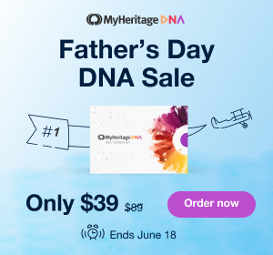 Save 60% on MyHeritage DNA during the MyHeritage Father's Day DNA Sale! Get the MyHeritage DNA test kit for just $39 USD! This is the same autosomal DNA test kit as AncestryDNA and other major DNA vendors!  BONUS! Purchase 2 or more MyHeritage DNA test kits and standard shipping is FREE! Sale good through Sunday, June 18, 2023.