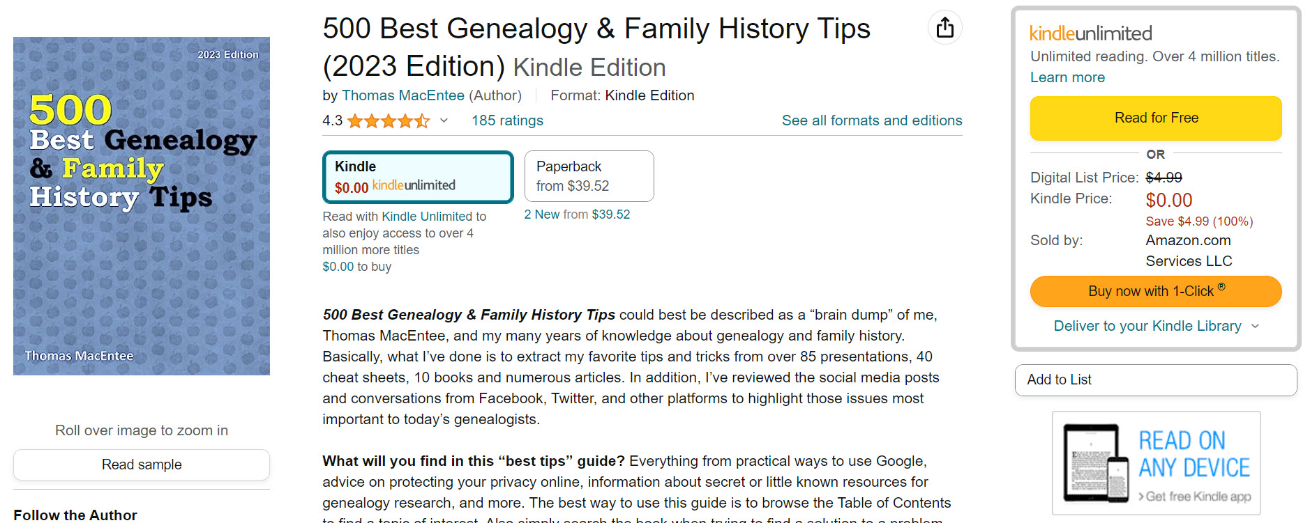 The easiest way to get your copy of 500 Best Genealogy & Family History Tips is to click the links above. Or if you search on Amazon for the book, you'll see either Add to Cart or Buy now with 1-Click® . . . just click either of those buttons.
