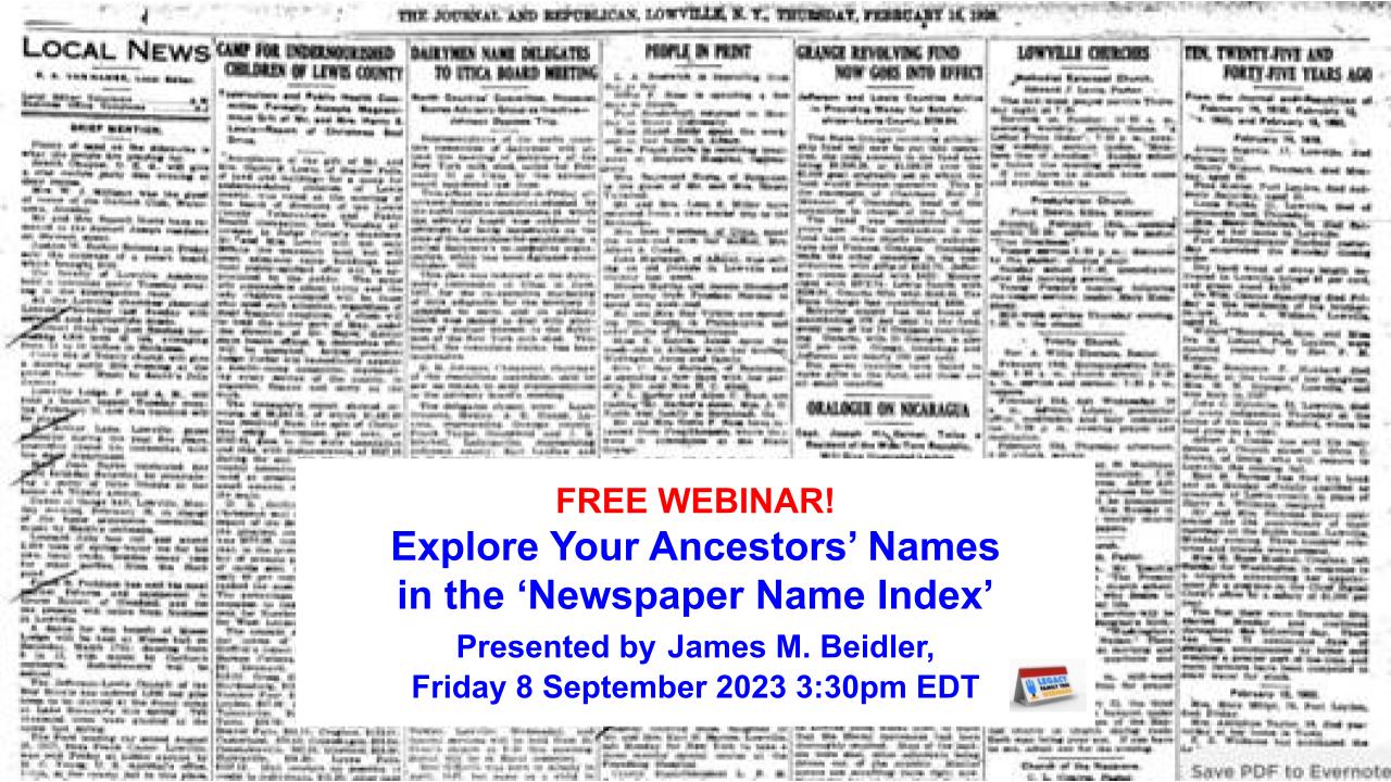 FREE GENEALOGY WEBINARS: Explore Your Ancestors’ Names in the ‘Newspaper Name Index’