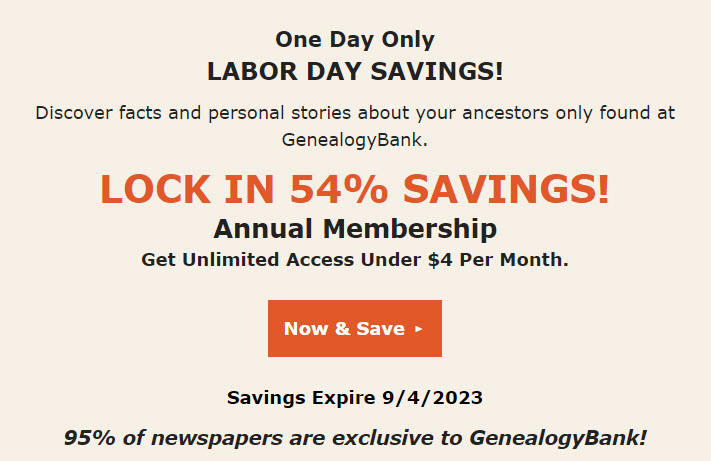 GenealogyBank Celebrates Labor Day: FLASH SALE! Discover Your Family Story & SAVE Up TO 54%!