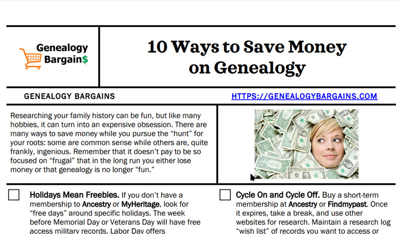 FREE CHEAT SHEET 10 Ways to Save Money on Genealogy including Amazon, Ancestry, and more!