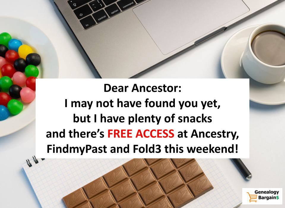 FREE GENEALOGY ACCESSPALOOZA this weekend! Free access to BILLIONS of records at Ancestry, Findmypast, and Fold3!