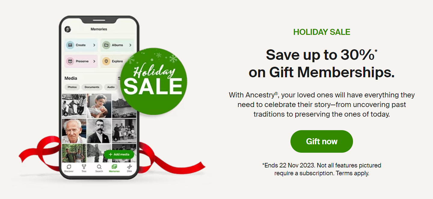 Ancestry Holiday Sale 2023 Gift Memberships! Save 30%!