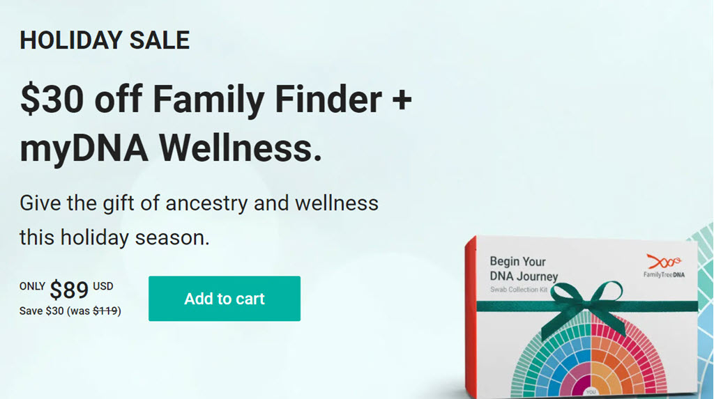 FamilyTreeDNA Holiday Sale: Family Finder + Wellness just $89 USD!