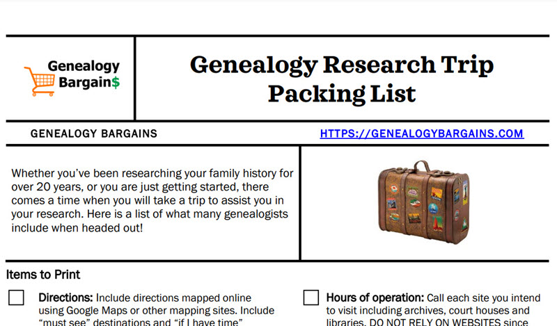 FREE CHEAT SHEET Genealogy Research Trip Packing List