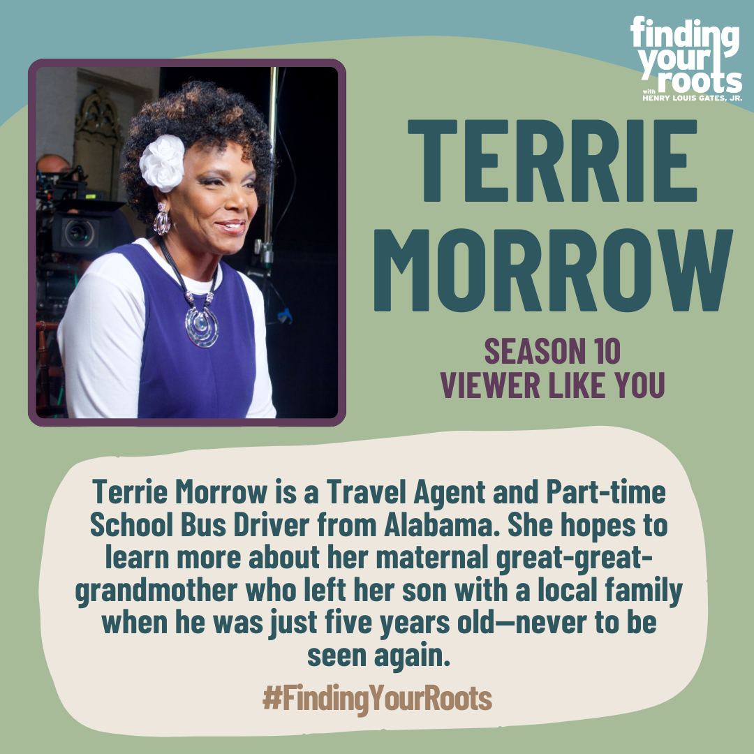 Finding Your Roots Final Episode Season 10: Terrie Morrow, a travel agent and school bus driver from Alabama, appears on Finding Your Roots Season 10 Episode 10 “Viewers Like You.”