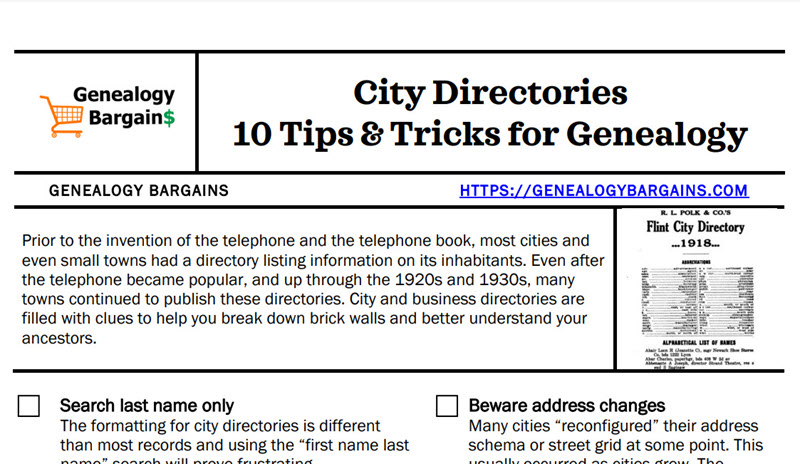 FREE CHEAT SHEET City Directories - 10 Tips and Tricks for Genealogy